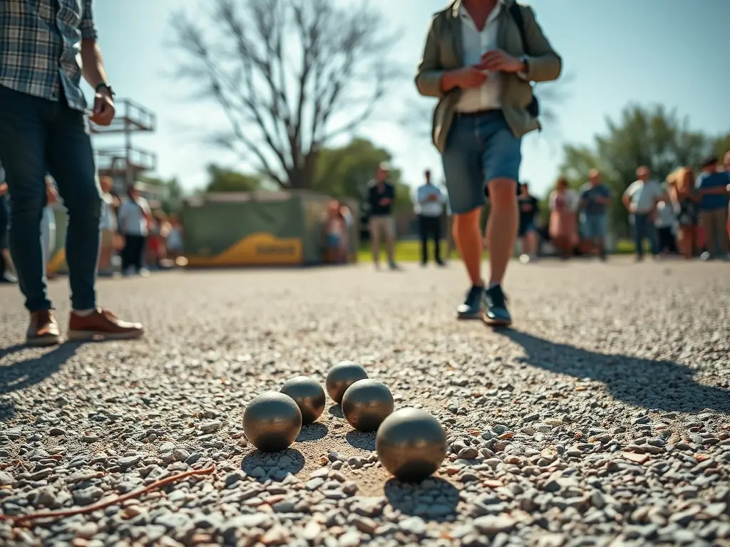 A photograph of PETANQUE CLUB LOUDEACIEN members competing in a boules bretonnes tournament, highlighting the competitive spirit and skill involved in the sport.
