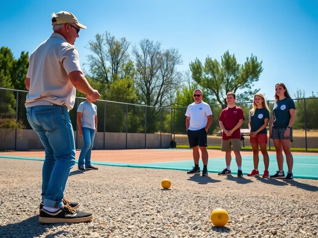 A photo of a beginner's pétanque workshop, showing an instructor guiding new players on the basics of the game.