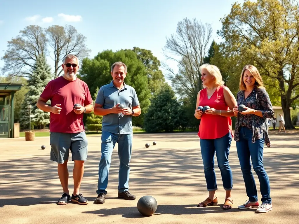 A group of PETANQUE CLUB LOUDEACIEN members participating in a friendly pétanque match in a local park, showcasing the social and recreational aspect of the sport.