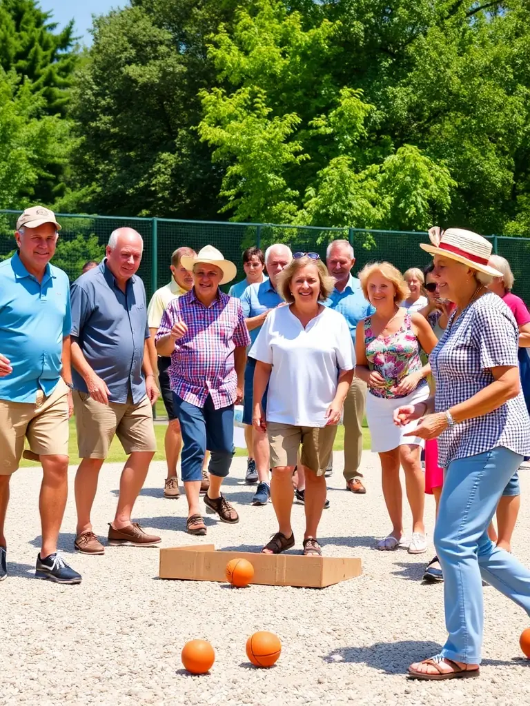 A vibrant image of club members participating in a friendly pétanque match on a sunny afternoon, showcasing the recreational aspect of the sport.