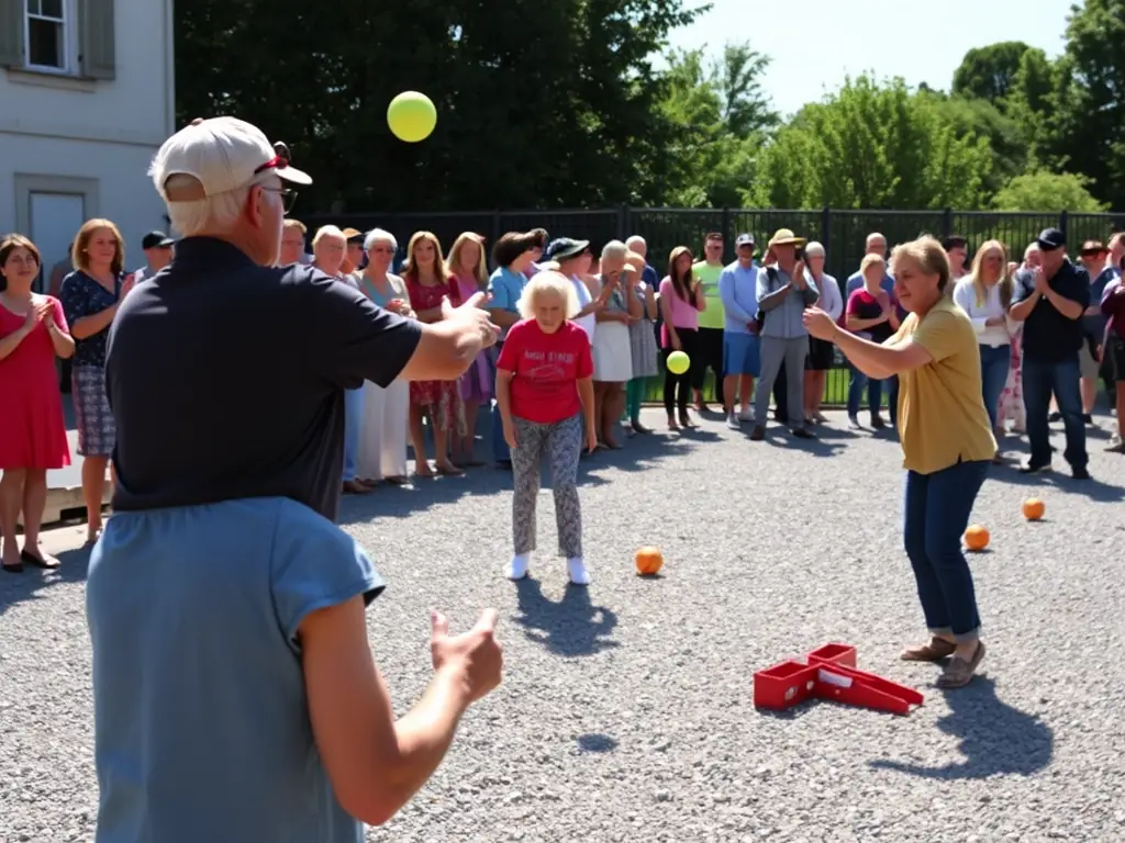 A dynamic shot of club members engaged in a spirited pétanque game, showcasing the camaraderie and competitive spirit of the club.