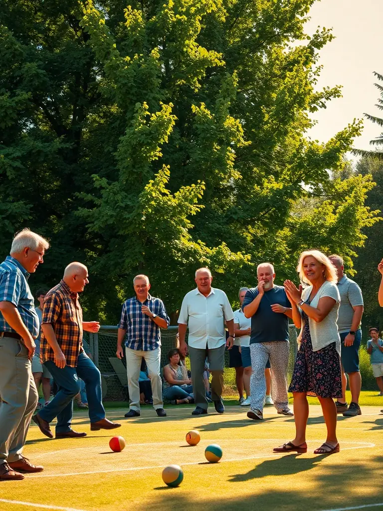 An action shot of players intensely focused during a boules bretonnes competition, highlighting the strategic and competitive nature of the game.
