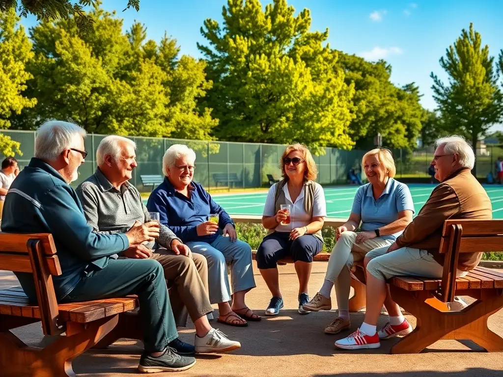A heartwarming image of club members laughing and sharing stories during a break between pétanque games, emphasizing the strong social bonds formed within the club.
