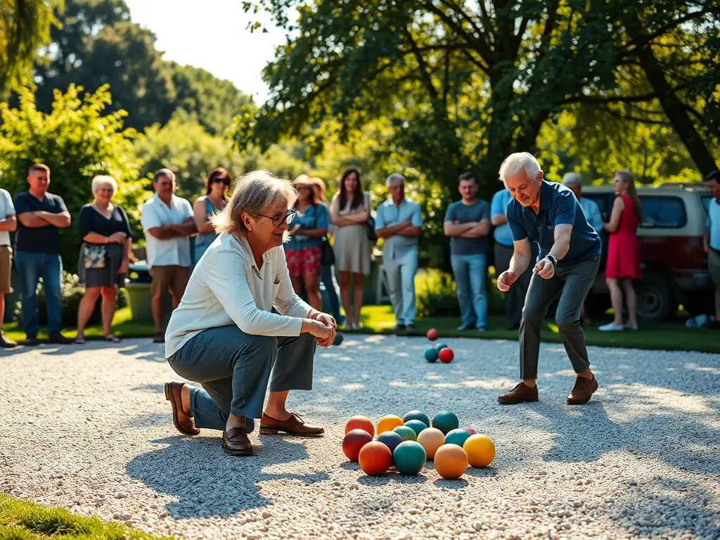 An image of participants in a boules bretonnes tournament, highlighting the precision and strategy involved in the game.