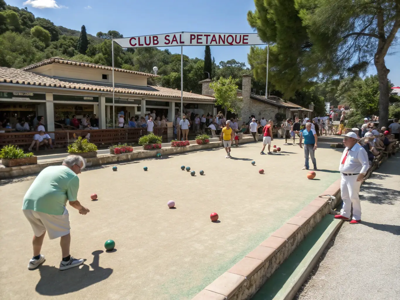A vibrant photograph capturing a group of diverse individuals, young and old, deeply engaged in a pétanque match at the PETANQUE CLUB LOUDEACIEN, showcasing the social and inclusive atmosphere of the club.